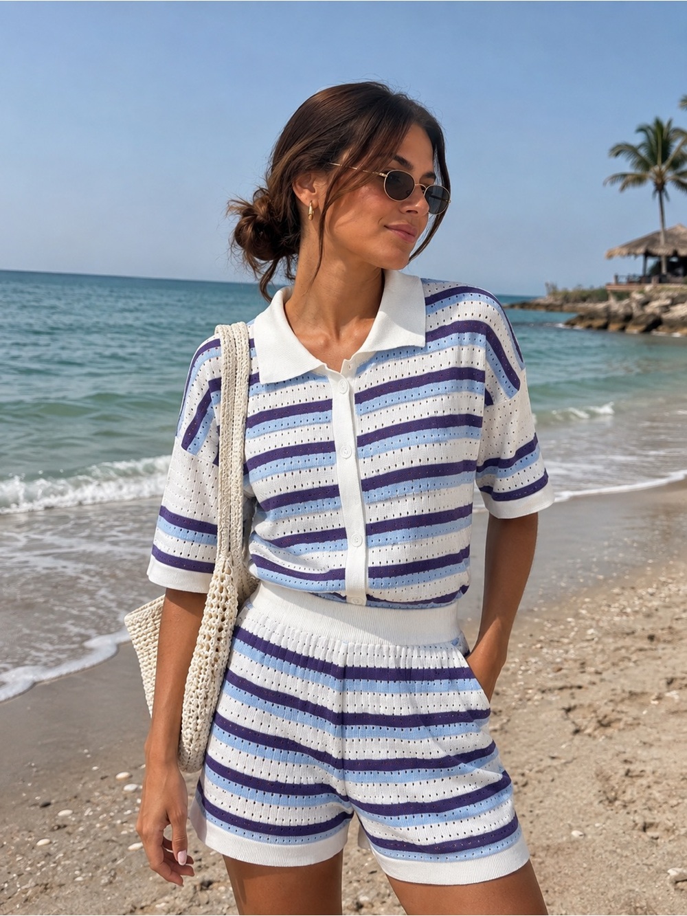 New | Blue and white Striped Open Knit Oversized Top & Shorts Set | Medium